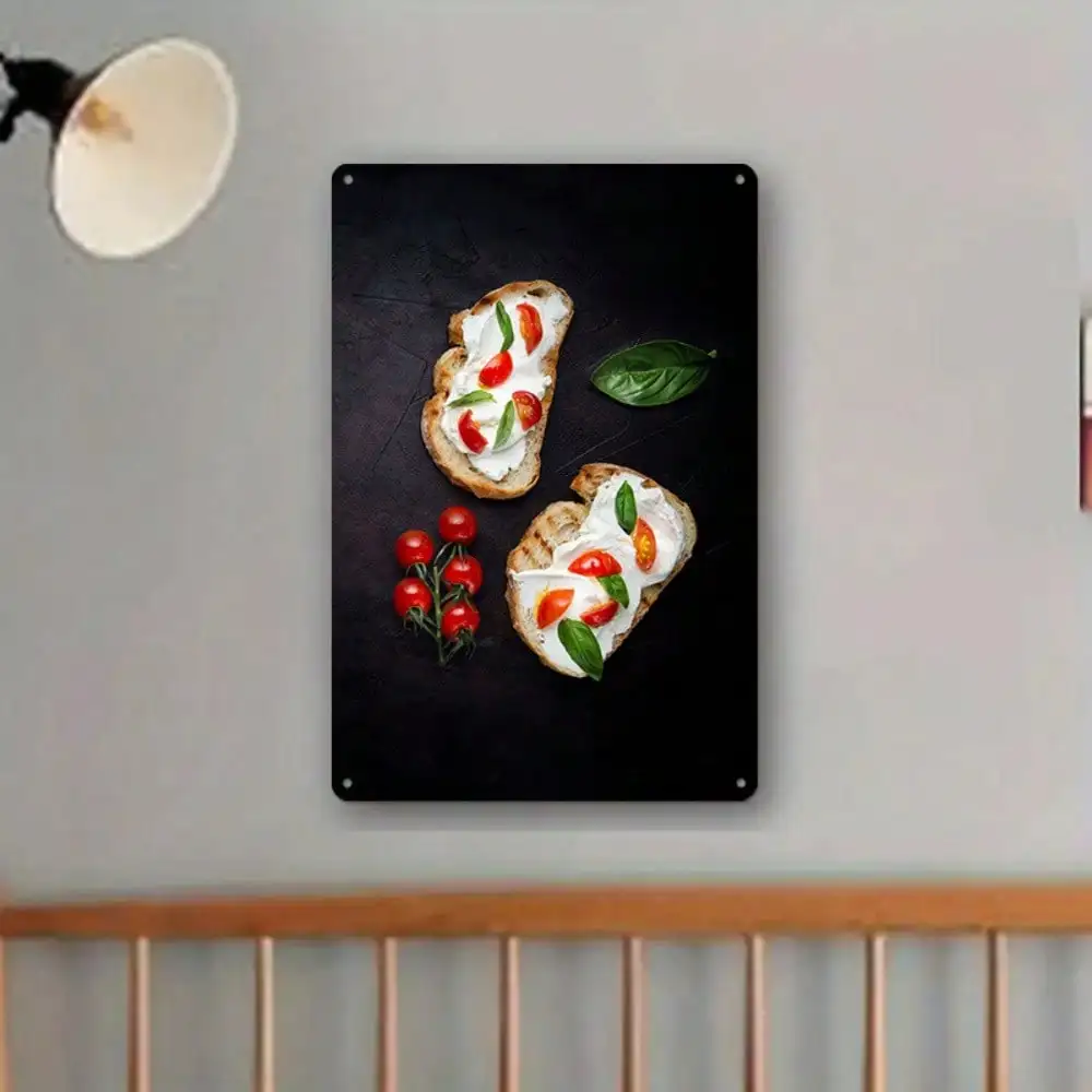 Letrero de estaño para tostadas con tomates y albahaca, decoración de cocina/comedor, desayuno saludable, 8x12 pulgadas/20x30 Cm, 1 ud.