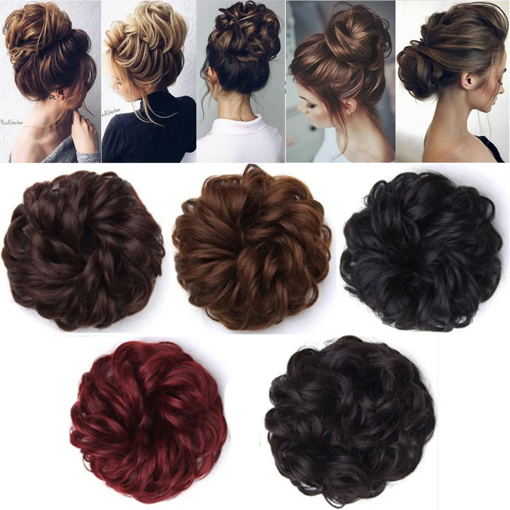 Natural Black Rubber Band Drawstring Curly Fake Hair Elastic Band Synthetic hair Messy Hair Donut Bun Curly Chignon