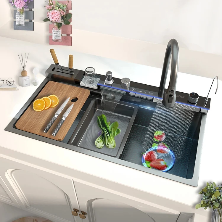 88X48CM Modern Smart Single Bowl Brushed Stainless Steel Kitchen Sink With Waterfall Faucet & Brass Knife Holder