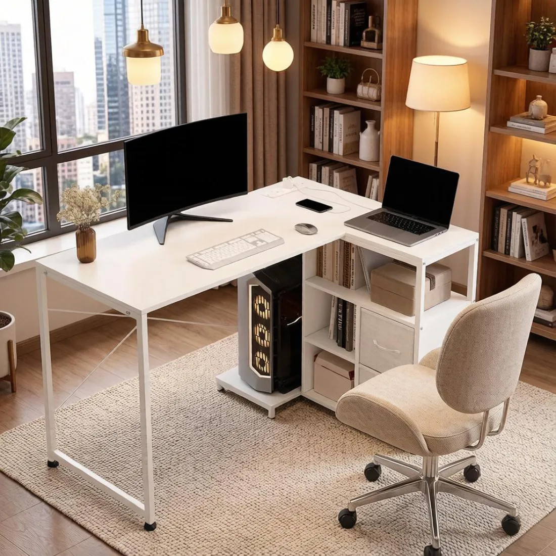 Eckschreibtisch, Büroschreibtisch mit Steckdose, umkehrbarer rechteckiger Computertisch – Schreibtisch nur für Home-Office und Arbeitsplatz