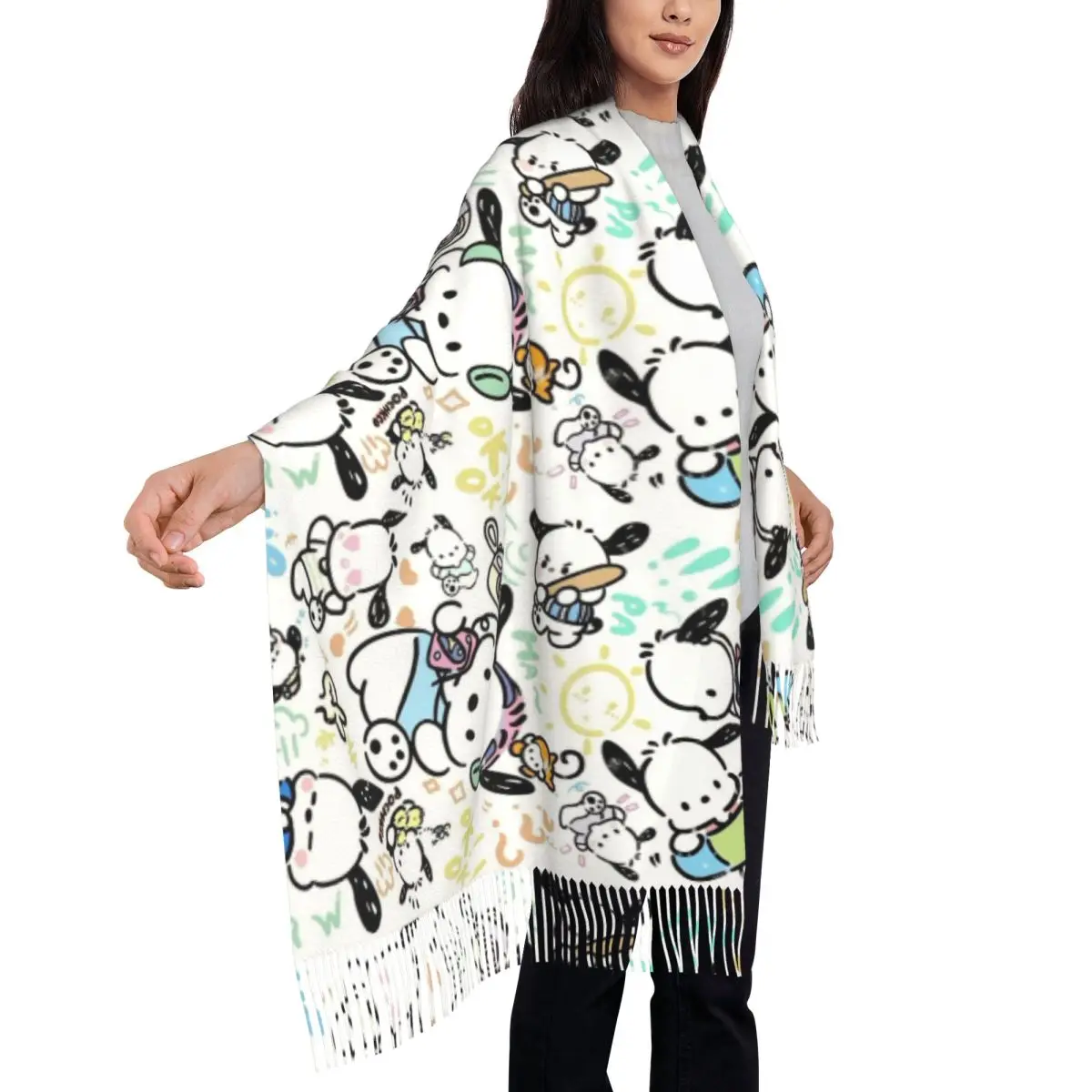 Custom Animes Pochacco Tassel Scarf Women Winter Fall Warm Shawls Wraps Female Kawaii Scarves