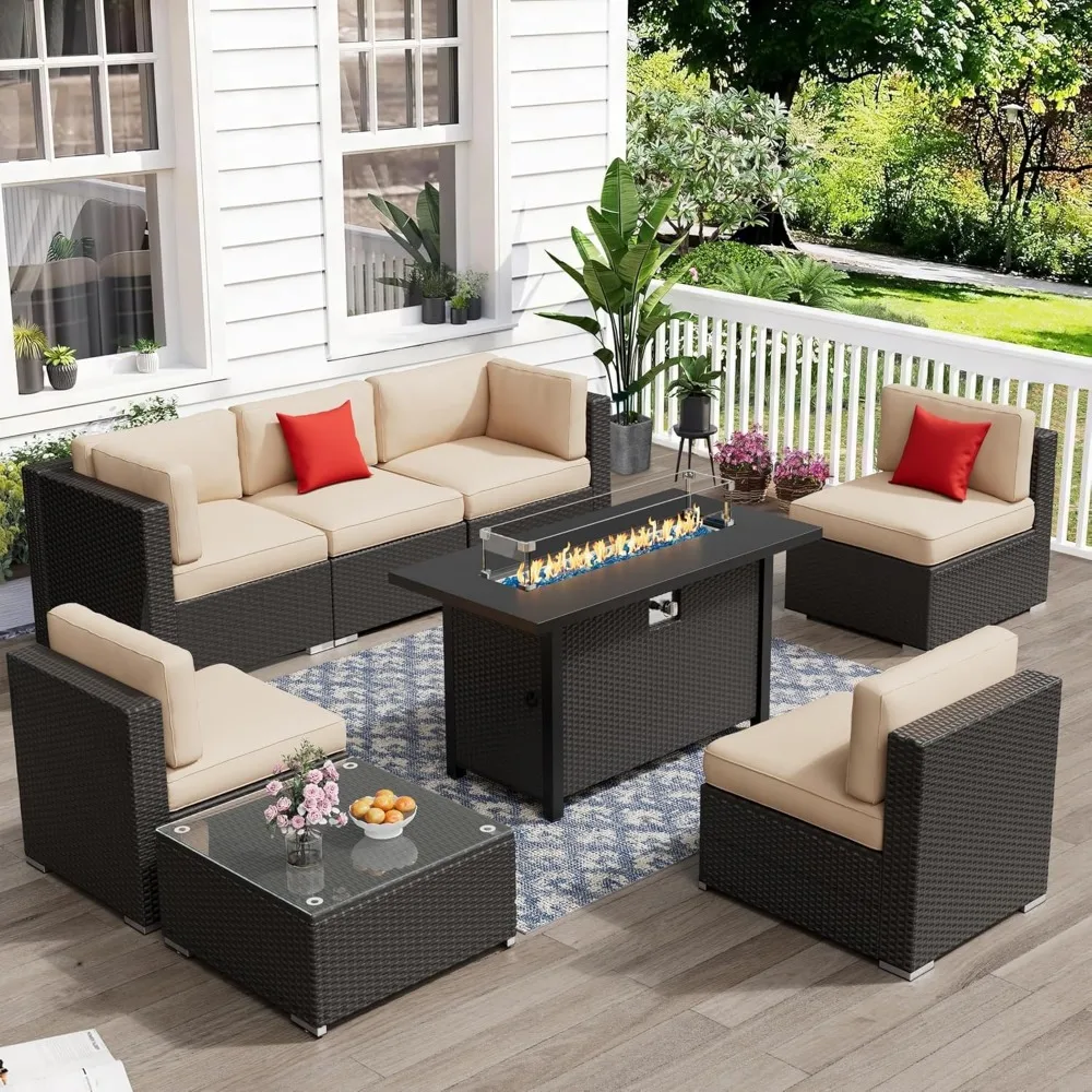 

8-Piece Outdoor Patio Furniture Sets with 45” Propane Gas Fire Pit Table, All-Weather Black Wicker Rattan Sectional Sofa