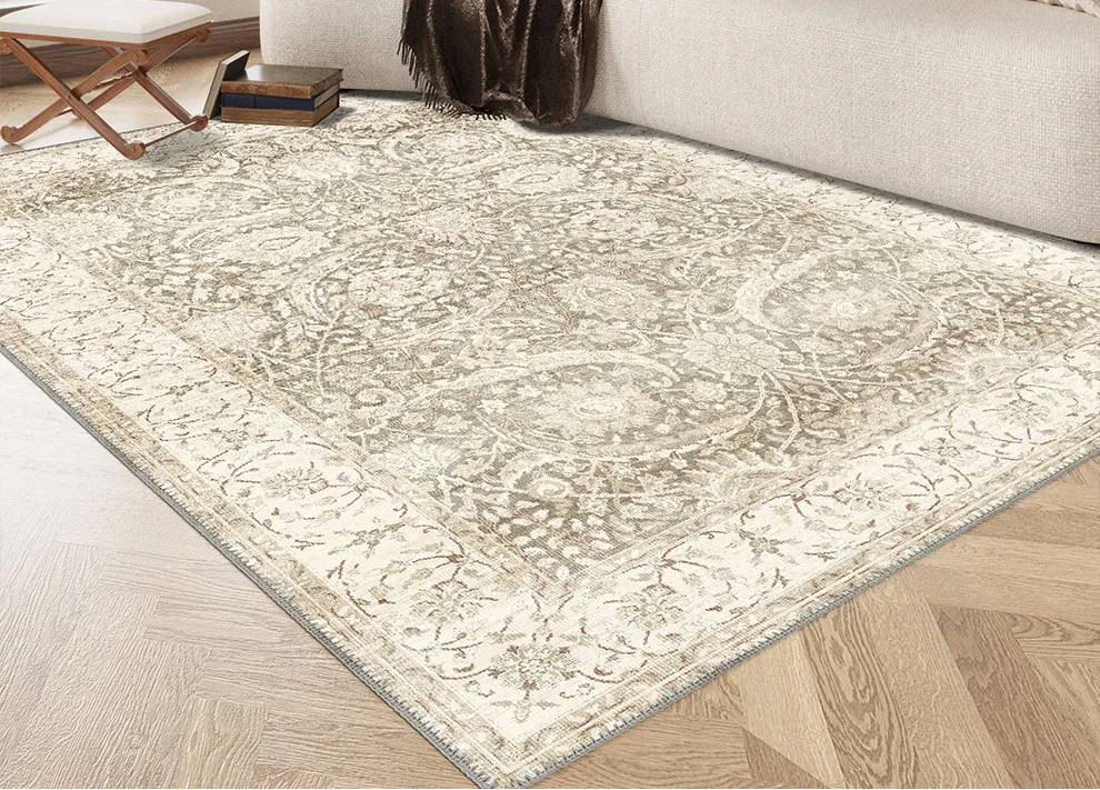 Vintage green beige square living room sofa bedside rug in bedroom