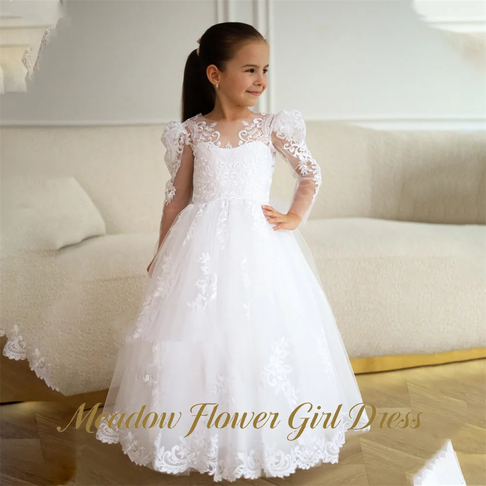 Meadow Pure White Princess Girls Dress Round Neck Long Sleeve Ball Gown Party Tutu Dresses Lace Embroidery Tutu Fluffy Prom Gown