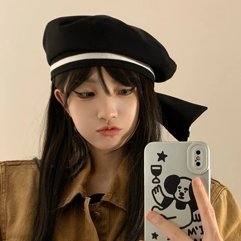 2022 Japanese New Fashion Cotton Beret Caps for Women Bow Sailor Cap Jk Boinas Para Mujer Goros Caliente Para Mujer