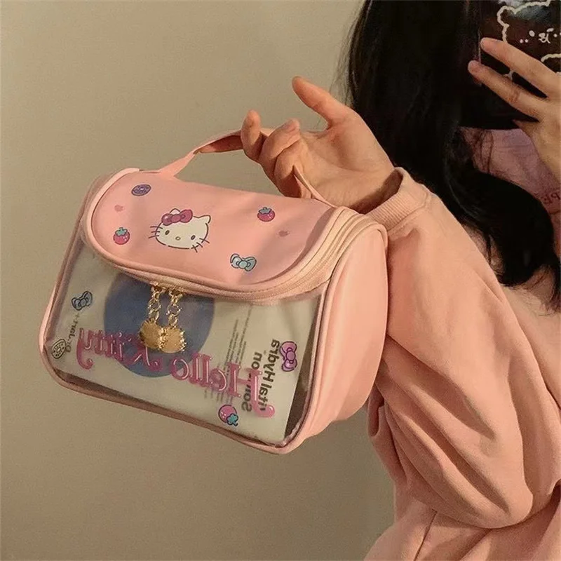 

Kawaii Sanrio Hello Kitty Large-Capacity Travel Cosmetic Bag Kawaii Cinnamoroll Transparent Makeup Pouch Waterproof Washbag