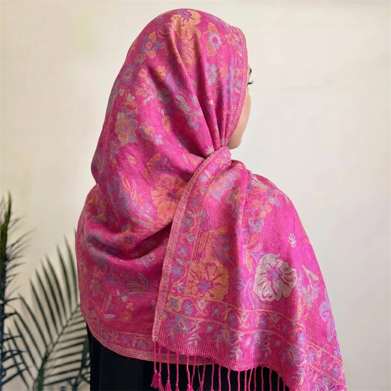 Hot Pink Floral Paisley Jacquard Hijab Shawl Women Tassel Wrap Scarf For Eid Ramadan Modest Wear Luxury Gift