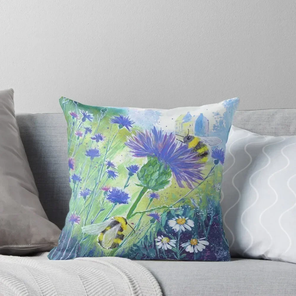 painting by Laura Rispoli happy bees thistles daisies knapweed Throw Pillow Pillowcases Bed Cushions autumn pillowcase pillow