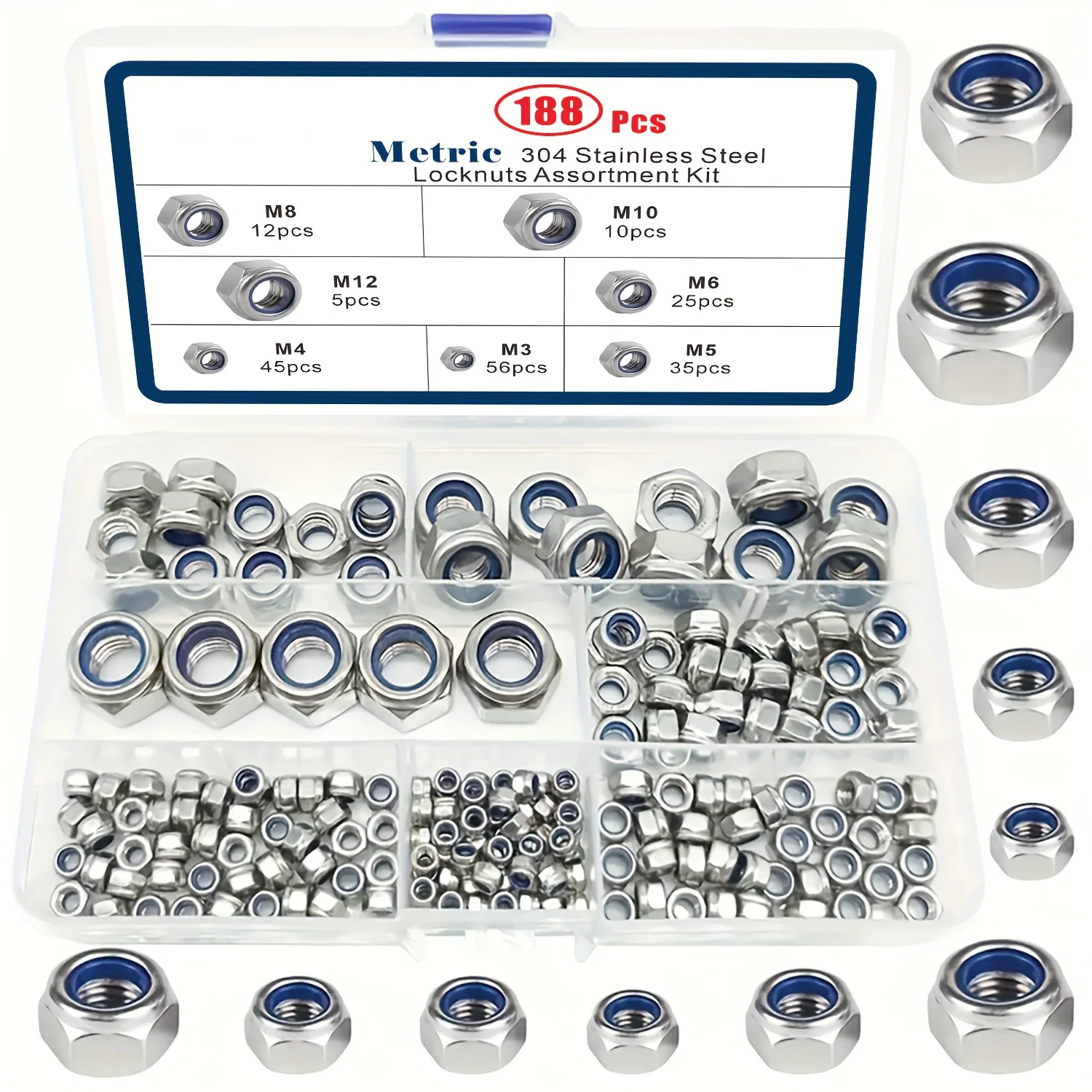 Picture 7: Lock Nuts Assortment Kit,304 Stainless Steel Self Clinching Nuts,M3, M4, M5, M6, M8, M10, M12 Metric Nylon Insert Lock HexNuts