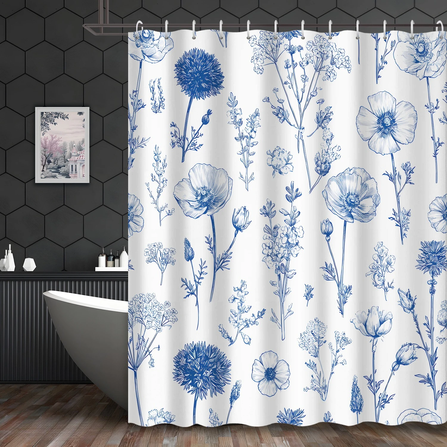 

1 шт. 2D плоская шторка для душа с цветочным узором и синей линейной графикой, включает 12 крючков, аксессуар для ванной, 2D плоская