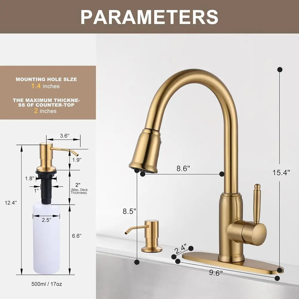 صنبور مطبخ عتيق عالي القوس قابل للسحب للأسفل مع موزع صابون، تركيبات حوض الفولاذ المقاوم للصدأ لتركيب 2 أو 4 فتحات #6