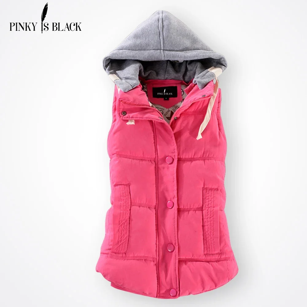 PinkyIsBlack Autumn Winter Fashion Cotton Vest Women Patchwork Sleeveless Hooded Collar Casual Coat Colete Feminino Waistcoat