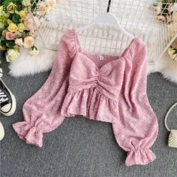 Blouses Women Spring New Square Collar Folds Cropped Solid Clothing Harajuku Daily Aesthetic Sexy Tops Breathable Tender Mujer