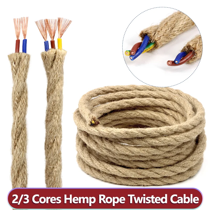 Hemp Rope Twisted Cable 1/3/5/10m 2/3 Cores Vintage Electrical Wire DIY Retro Style Copper Lamp Cord for Pendant Light Bar Decor
