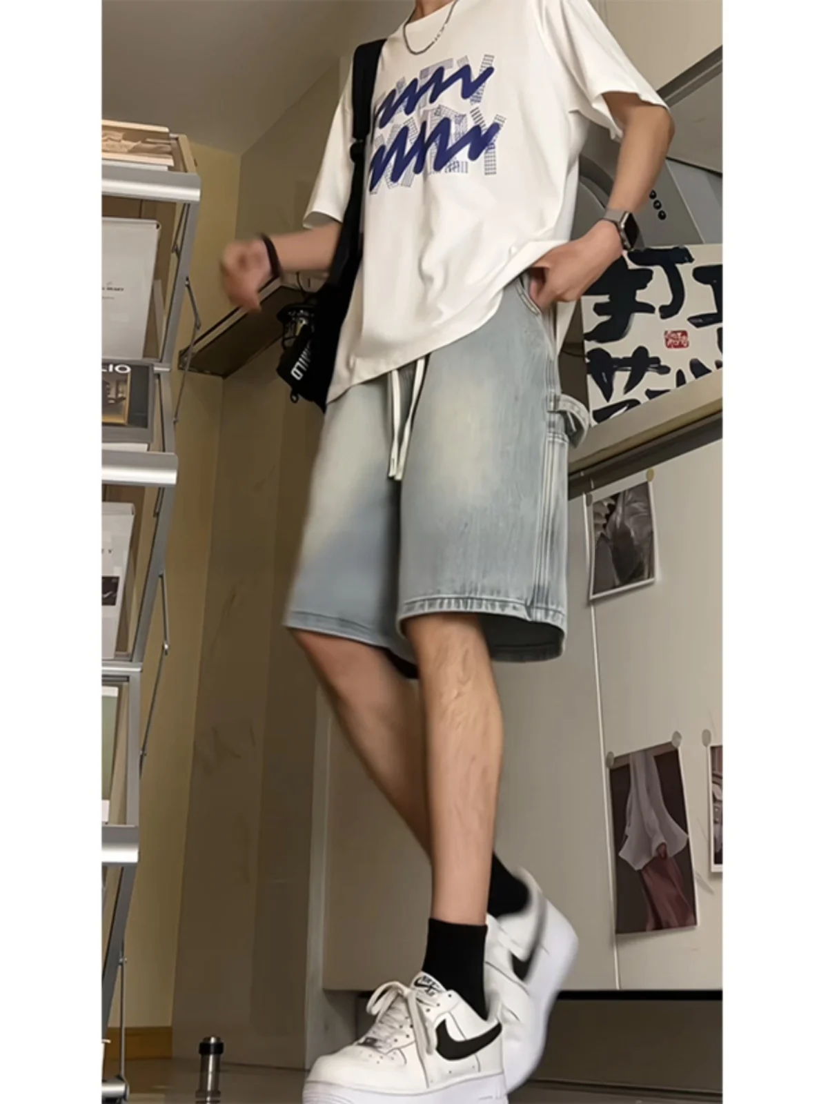 

Light Blue Casual Men's Denim orts Summer American Retro High Street Vibe Five-Quarter Length Straight Leg Cotton Blend