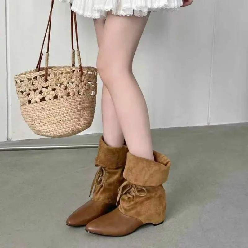 Retro Relaxed Pointed-toe Western Denim Block Heel Shoes 2026 Spring and Summer New Versatile Block Heel Stacking Boots view 3