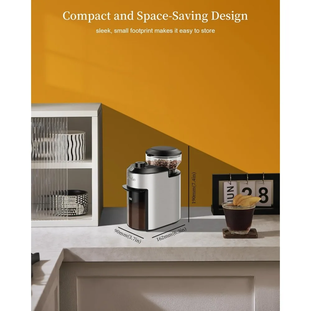 Coffee Grinder, with 28 Grind Settings, Overheat Protection, 2-12 Cup Capacity,  for Easy Storage, Stainless Steel