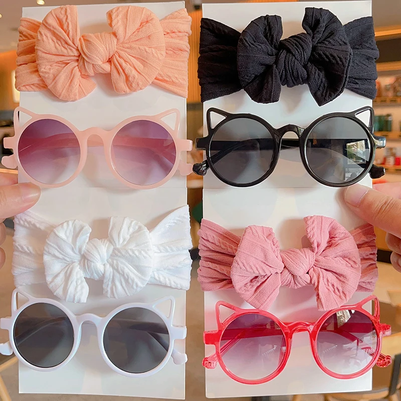 2 Pcs/Set New Children Cute Colorful Soft Bowknot Wide Hairbands Cat Ears Sunglasses Boys Girls Headwear Kids Hair Accessories