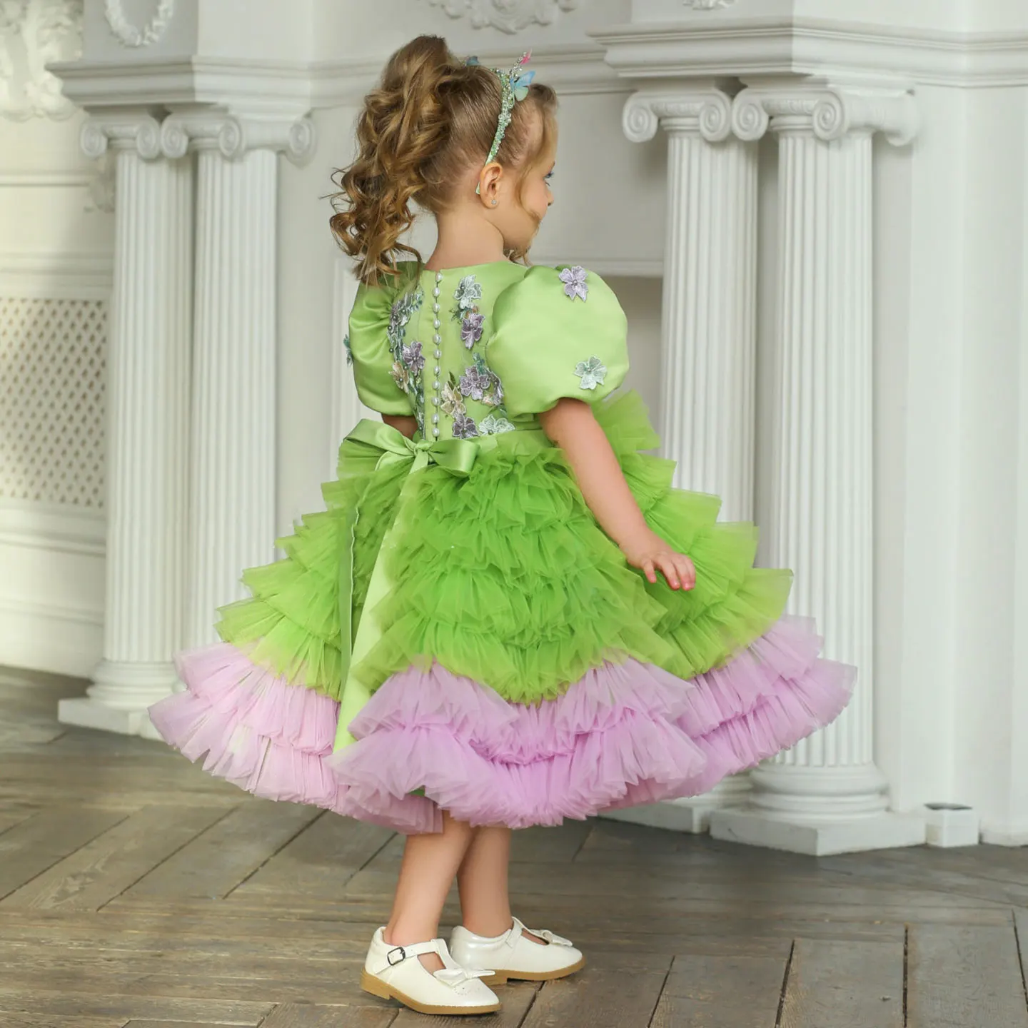 Jill Wish J174 Elegant Sage Green Tulle Girl Dress 3D Flowers knee Length Arabic for Princess Birthday Wedding Party Pageant