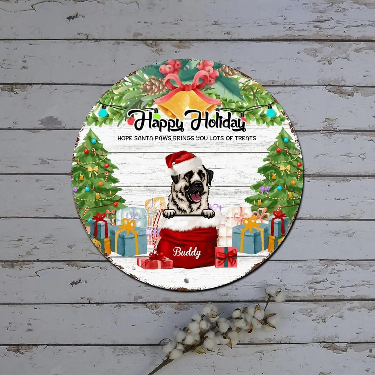 Merry Christmas Door Sign Custom Dog Name Happy Holidays Wood Grain Round Metal Tin Sign Christmas Wall Decorations Vintage Alum