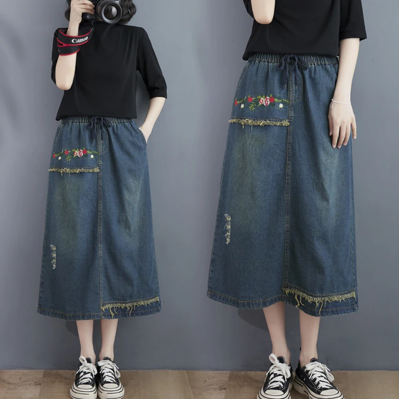 

New original literary artistic retro mid length denim skirt for women with elastic waist punctured embroidery A-line skirts