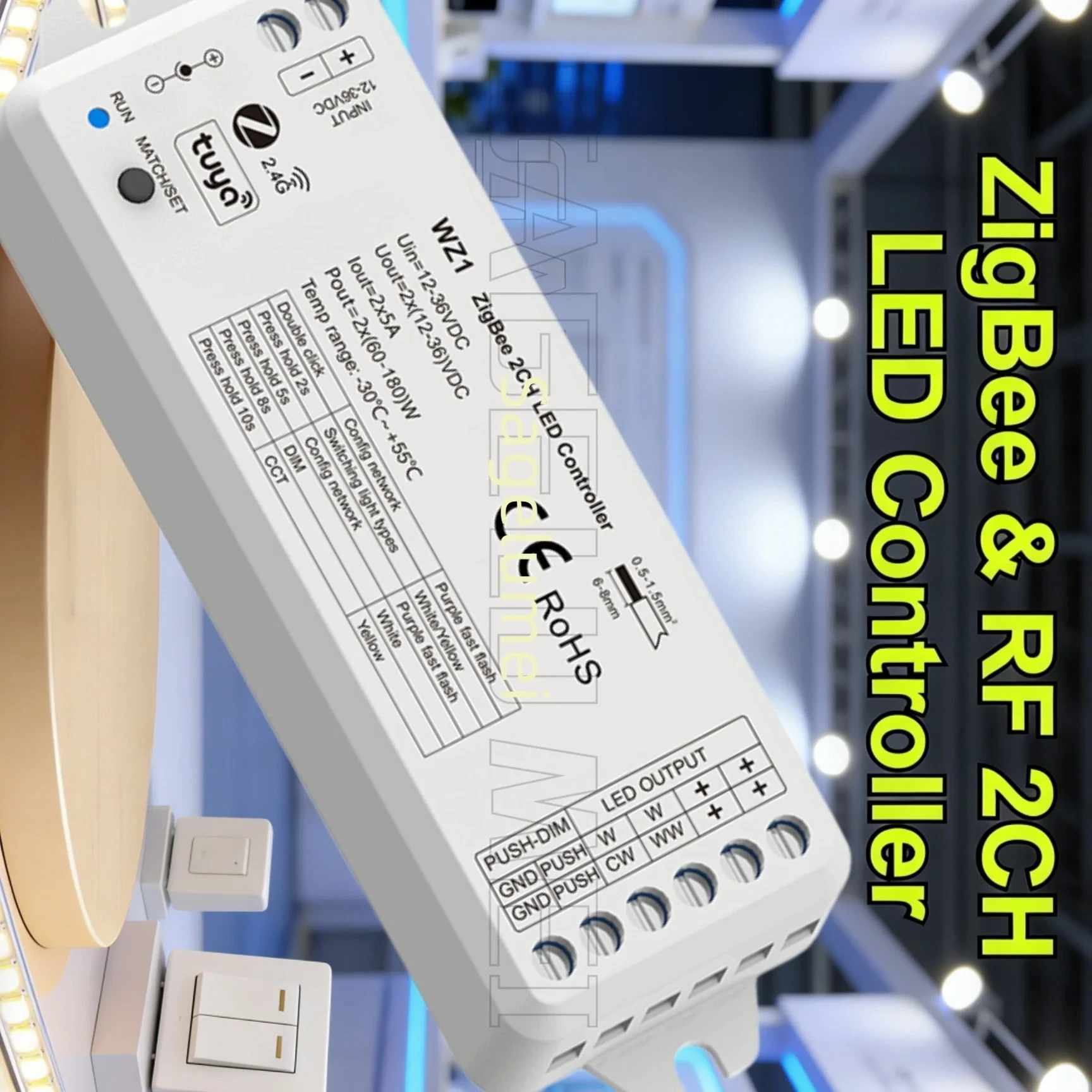 

Контроллер Tuya APP для одноцветных и CCT LED лент, 2 канала, WZ1 ZigBee 3.0 и RF, 2 канала, 12-36В, облачное беспроводное дистанционное управление