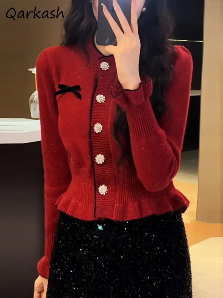 Ruffled Cardigan Women Cropped Knitted Sweaters Autumn New Sweet Girl Bow Tops Korean Fashion Casual Daily Designed Temperament