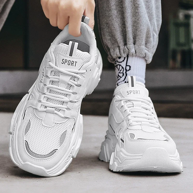 Estudante sola grossa malha respirável sapatos esportivos casuais quatro sazonal masculino ao ar livre sola macia conforto tênis masculino