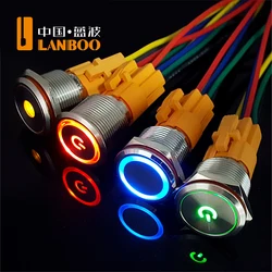 LANBOO 19mm flat symbol Led Lighted Momentary or Latching Metal push button switch with IP65