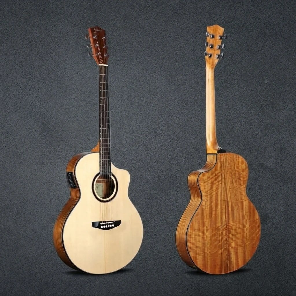 Glossy Electro Acoustic Guitar, 6 Strings, Cutaway, Natural Top Dark Back, Chrome Tuners, Built-In EQ for Stage Performance