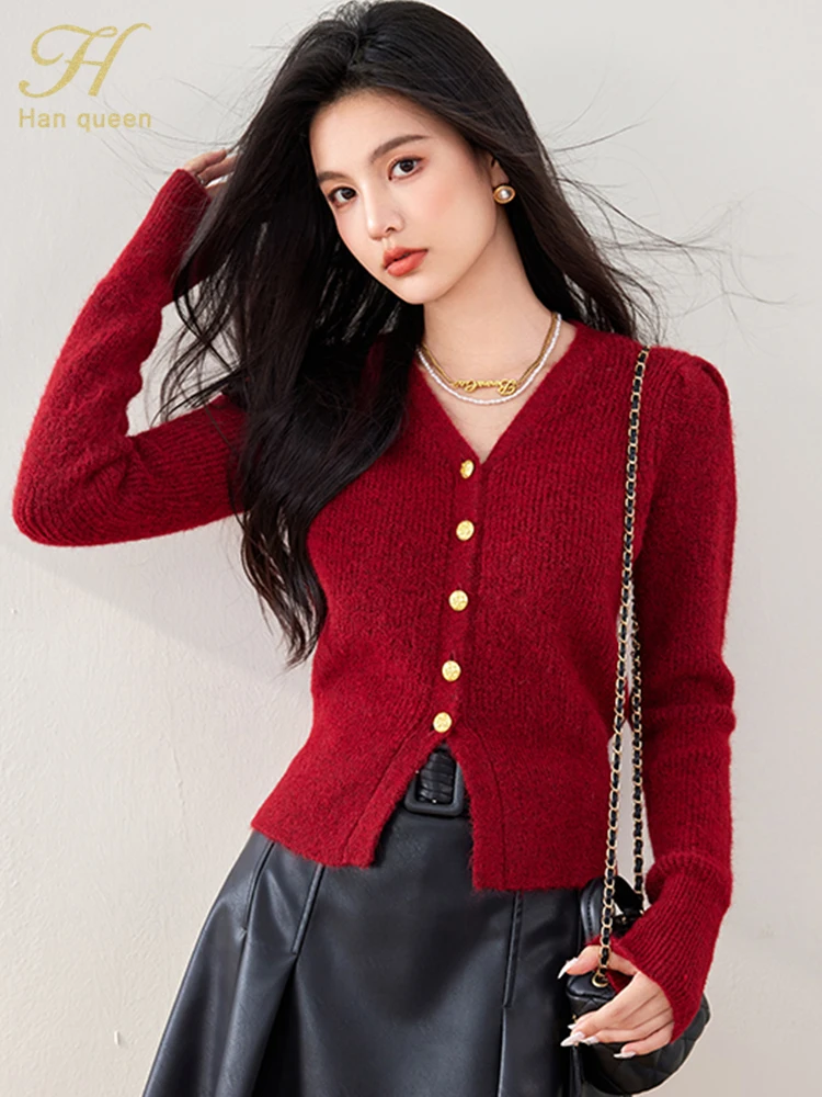 H Han Queen 2024 Autumn Vintage Red Christmas Sweater Korean Chic Knitted Cardigan Women\'s Clothing Casual Basic Long Sleeve Top