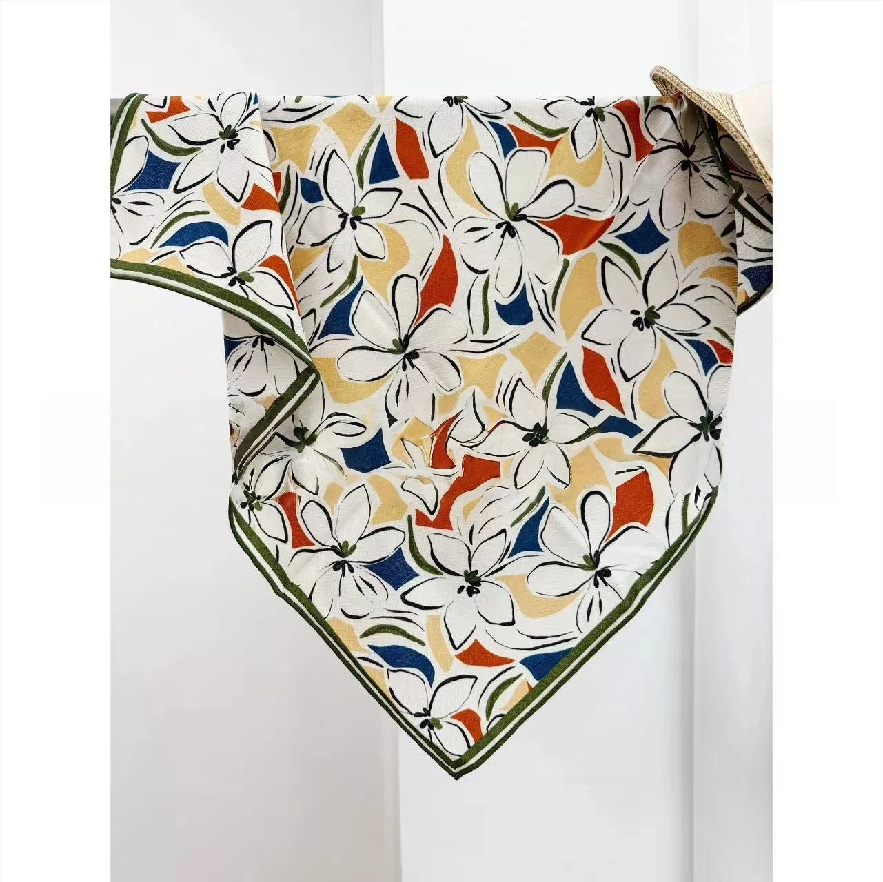 2027 Women Vintage 100% Wool Floral Square Scarf Hand Drawn Garden Flower Print Bandana Soft Neck Scarf Head Wrap Accessory
