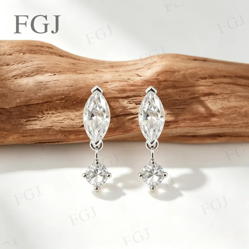 925 Sterling Silver Ear Stud Marquise Round Cut Moissanite Drop Earrings D Color Moissanite Diamond for Women with Certificate