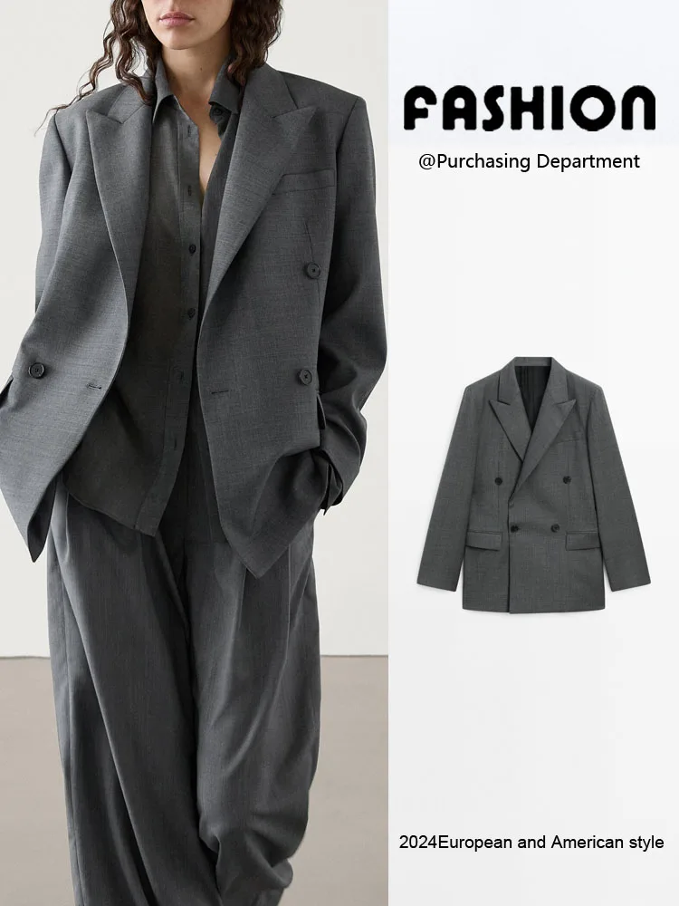 

New Arrival Autumn Commuter Sle Double Breasted Long Sve Turn-down Collar Suit Jaet Women's Faion Outerwear