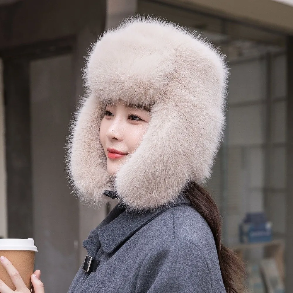 

Fashion Faux Mink Fur Plush Lei Feng Hat Thickened Solid Color Ear Protection Cap Keep Warm Ear Protection Skiing Pilot Hat Men