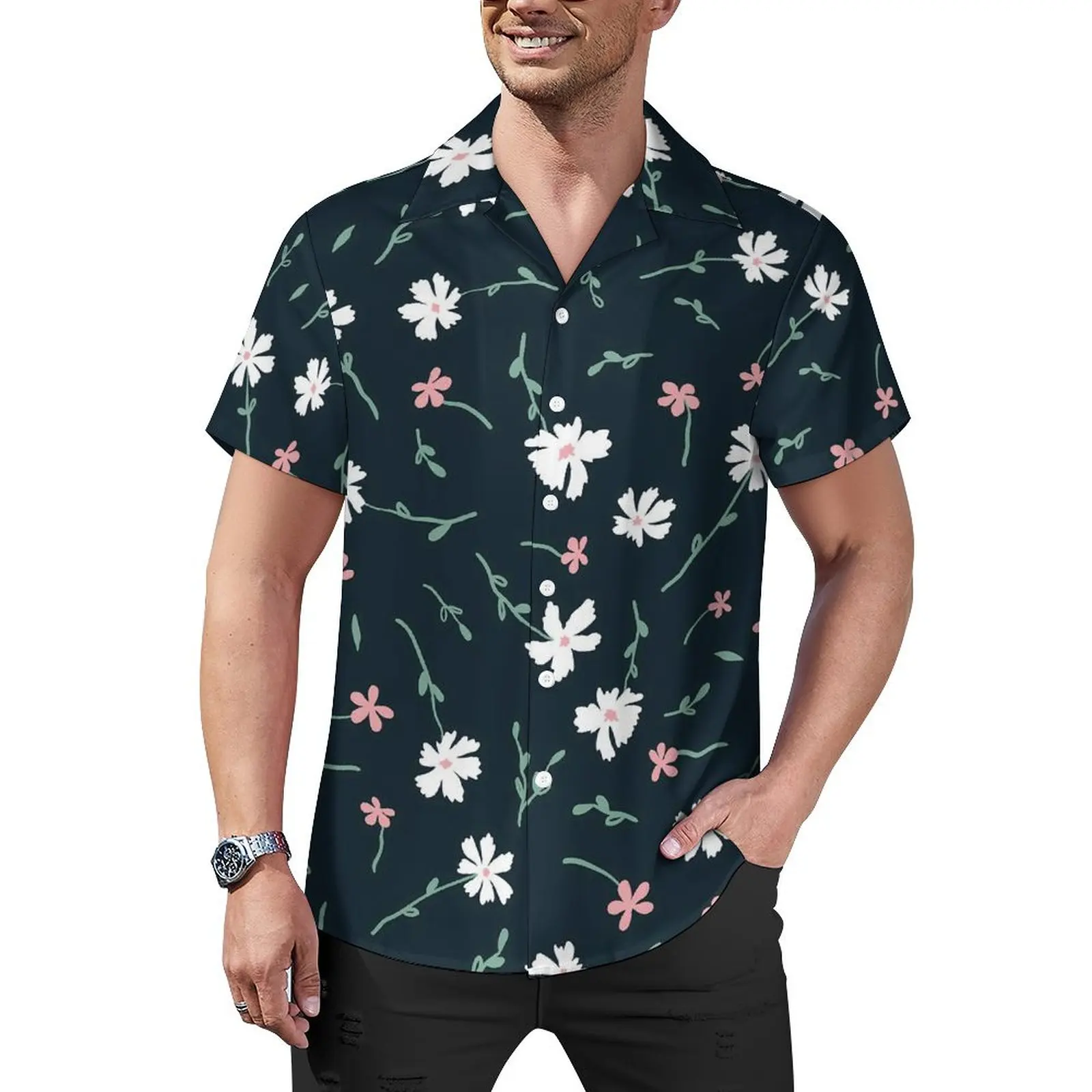 

Daisies Floral Beach Shirt Lovely Doodle Flowers Summer Casual Shirts Men Classic Blouses Short-Sleeve Streetwear Custom Tops