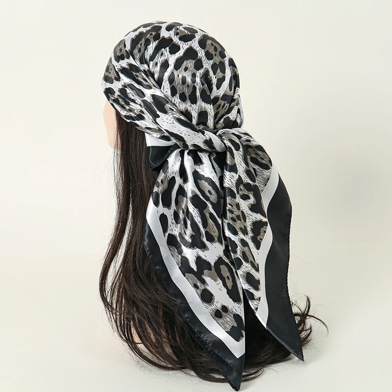 New 90*90cm Leopard Print Luxury Brand Square Silk for Women Foulard Satin Bandana Summer Soft Neckerchief Beach Hair Scarves