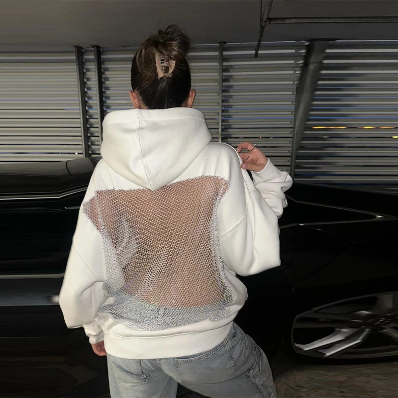Damska kurtka z kapturem w stylu hip-hop z ażurowej siateczki, gotycka, luźna bluza dresowa w stylu Kpop, modny sweter na ulicę, nowa kolekcja 2025, odzież wierzchnia w stylu Y2k.