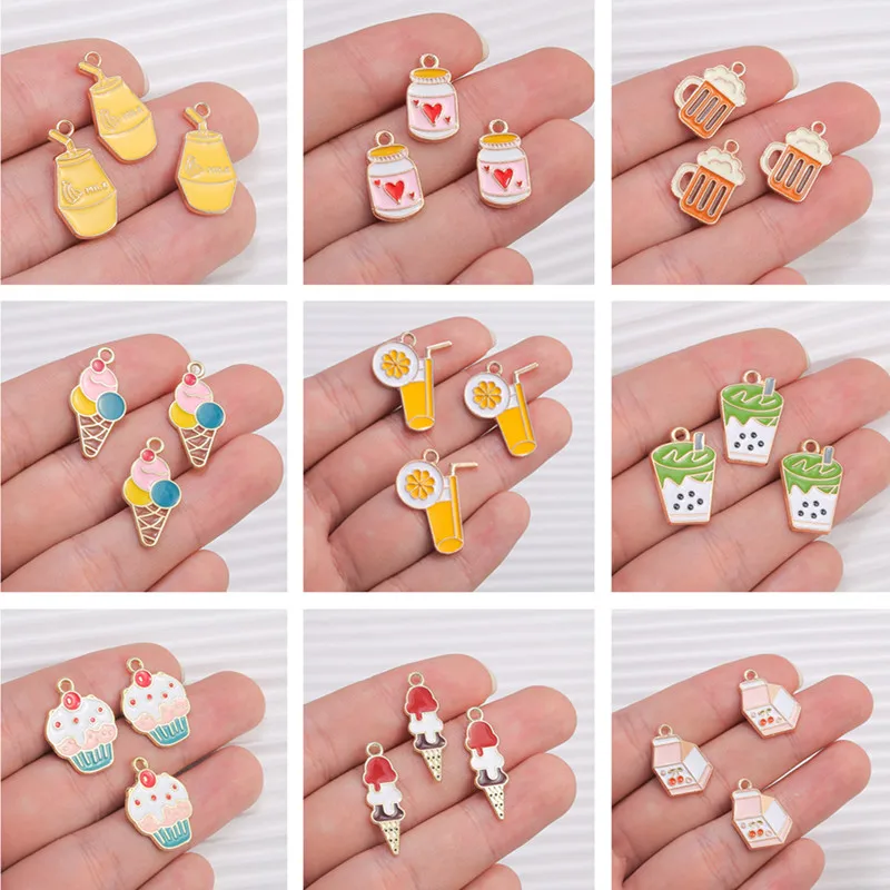 10pcs Mix Cute Summer Drink Charms Enamel Ice Cream Popsicle Charms Pendants for Jewelry Making DIY Earrings Necklace Craft Gift