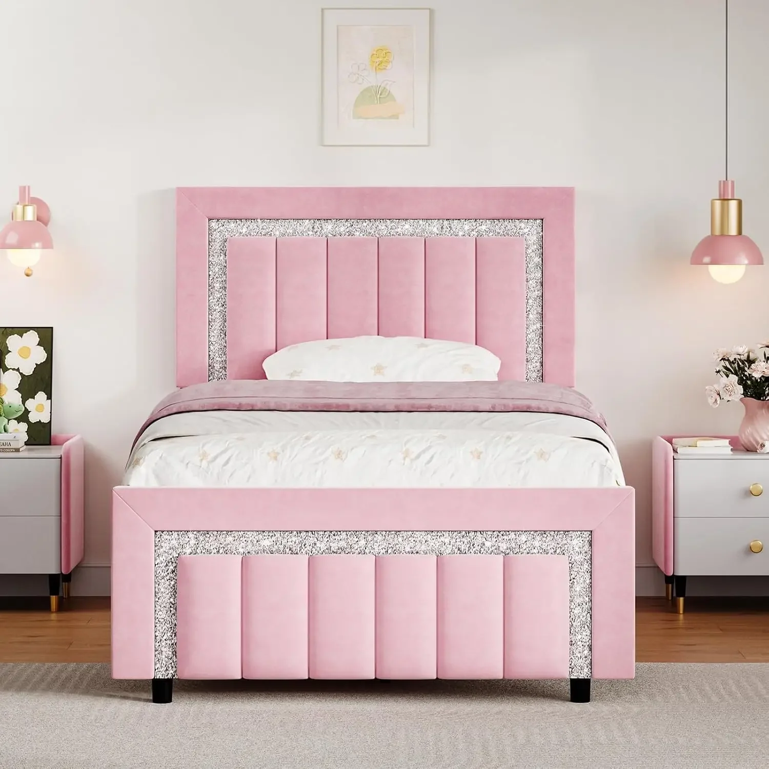 HOMBCK Estructura de cama doble, estructura de cama tapizada de terciopelo rosa con cabecero y pie de cama de diamantes, estructura de cama doble para niñas, Vertica