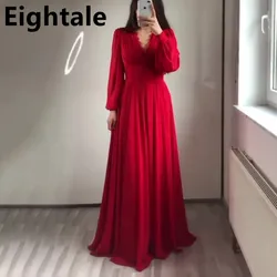 Eightale Red Chiffon A Line Evening Dress Long Puff Sleeve Sexy V Neck Lace Plus Size Arabic Formal Prom Party Gown Customized