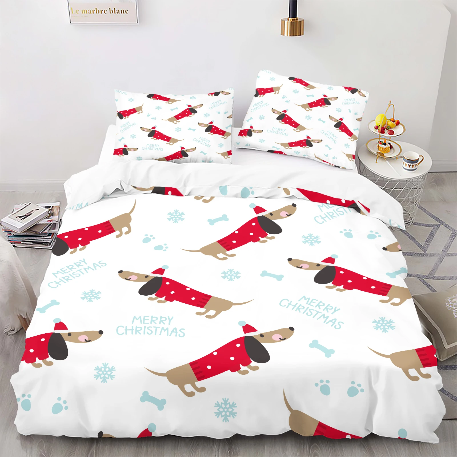 2/3Pcs Merry Christmas Dachshund Duvet Cover Set, Red Sweater Dog & Snowflake Print, Festive Holiday Bedding, No Duvet Insert