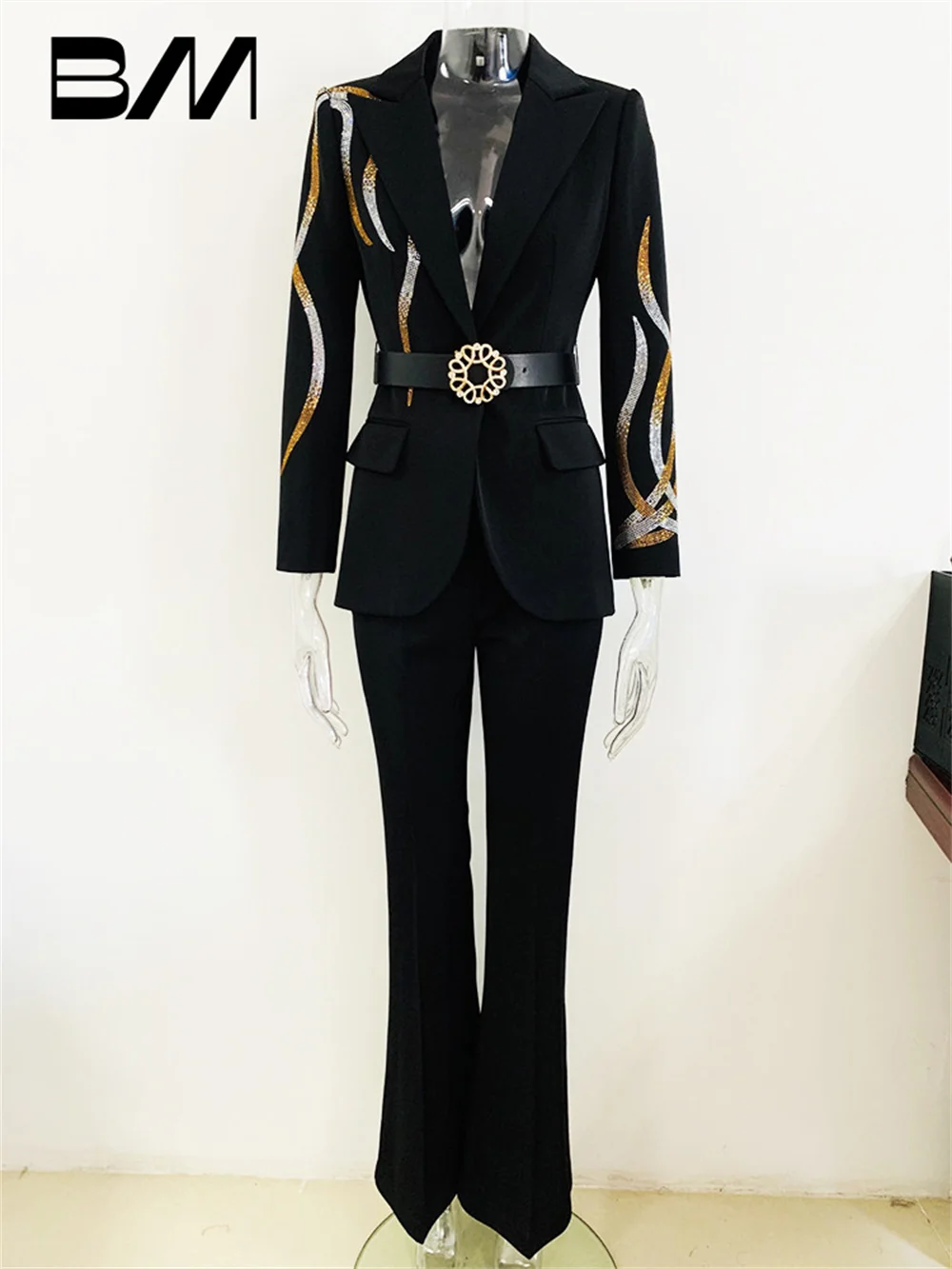 Temperament Spring Summer Colored Diamond Ladies Suit Charming Socialite Belt Office 2PCS Classic Suit Flare Pants Suit