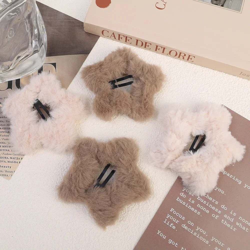 4pcs Winter Plush Y2K Star BB Hair Clip for Women Hairpins Cute Fluffy Side Bangs Clip Korean Fashion Headdress Hair Accessories