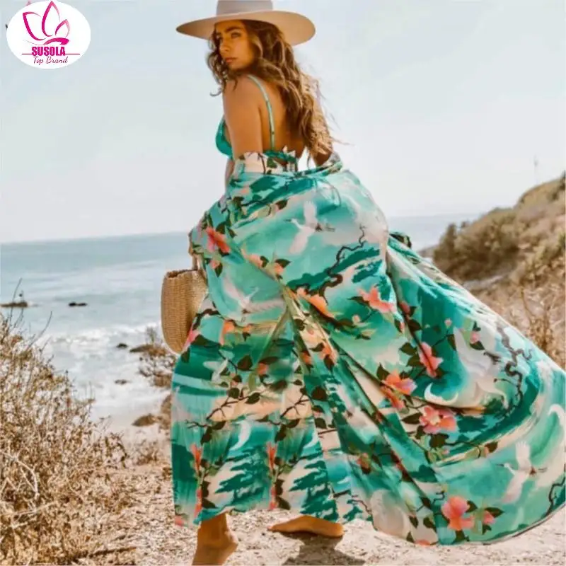 SUSOLA-cárdigan largo con estampado Floral para mujer, traje de baño bohemio con mangas acampanadas, fajas para playa, traje de baño para vacaciones, salida de talla grande