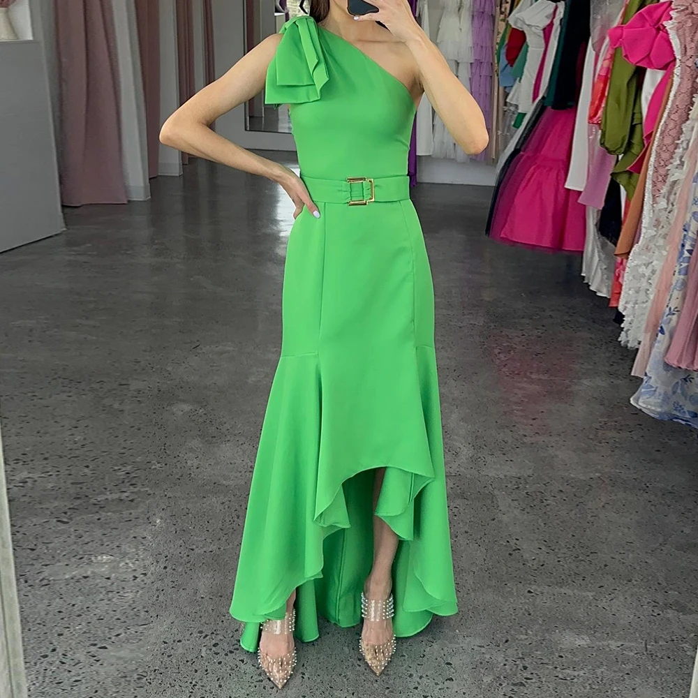 

Classic Formal Elegant Belt(Sashes) Green Evening Dress Sleeveless Jersey One Shoulder Prom Gowns Floor Length Occasion Dress