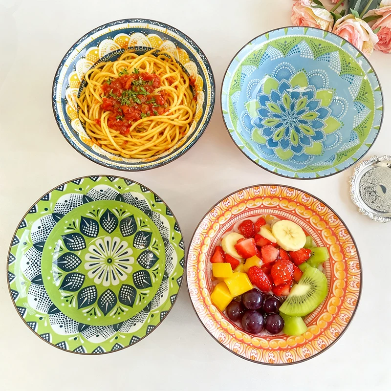 مجموعة أوعية حساء سيراميك بوهيمية مكونة من 4 قطع، آمنة للاستخدام في الميكروويف وغسالة الأطباق مقاس 8 بوصات، وعاء سلطة معكرونة رامين