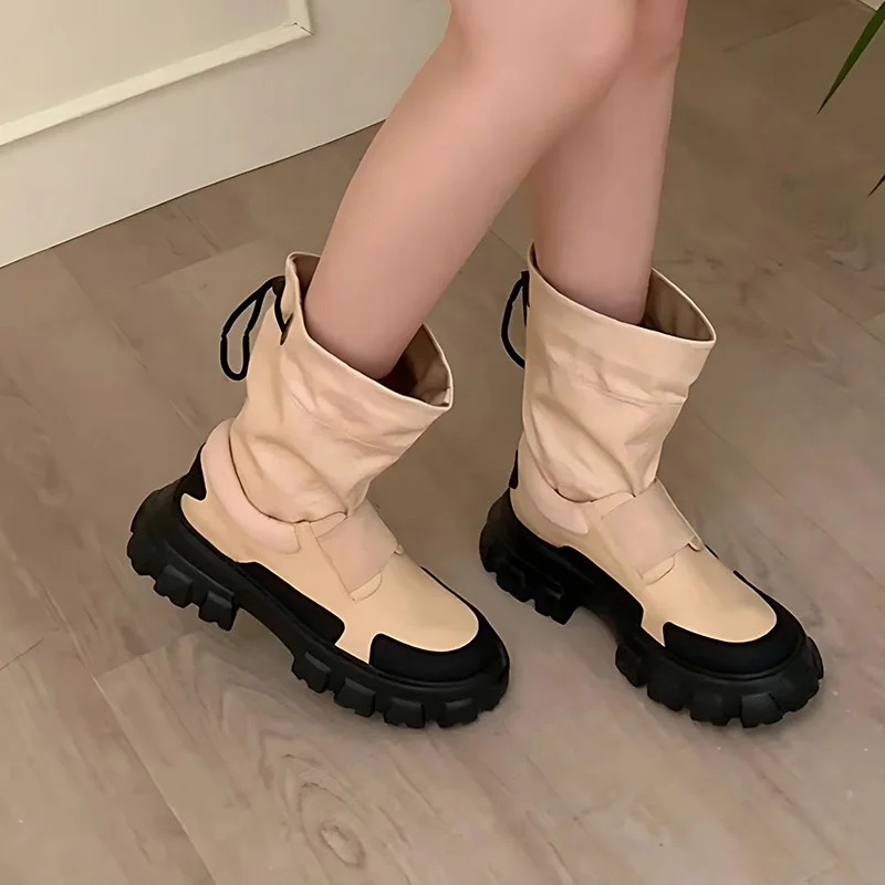 

New Design Round Toe Flat Women Boots Mid Calf Height Increasing Comfortable Shoes Women Slip On Platform Sports Botas Mujer