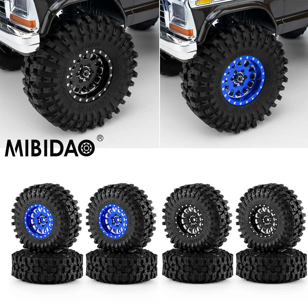 

MIBIDAO 4pcs 1.3" Beadlock Wheel Rim Tire Set Wheel Tires for 1/24 RC Crawler Car Axial SCX24