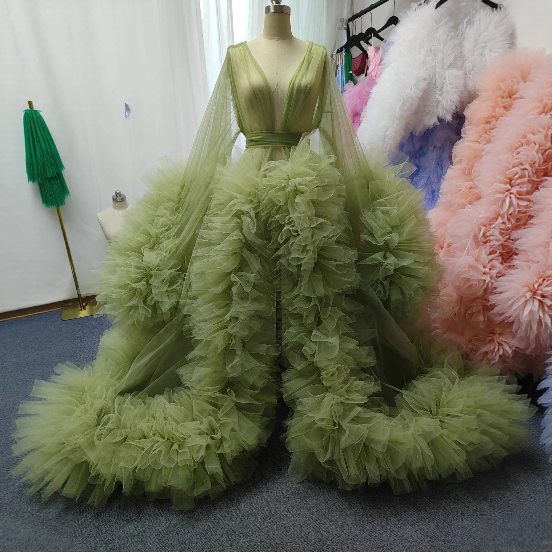 Mustard Green Fluffy Mesh Robe Dress Mother Kids Christmas Party Maternity Photoshoot Bathrobe Puffy Sleeve Wedding Bath Dres